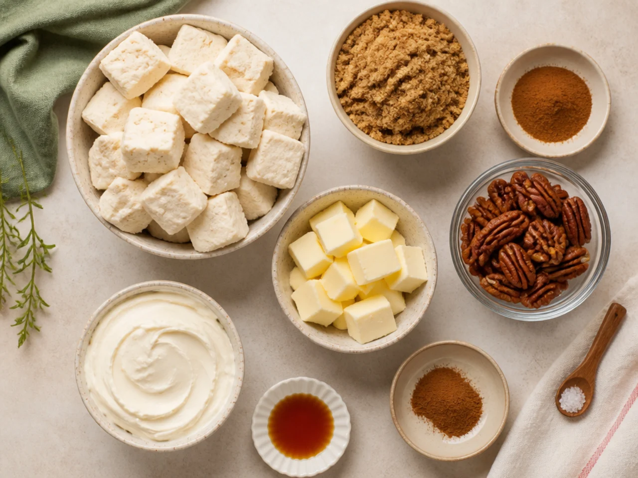 Fresh ingredients for monkey bread arranged in bowls