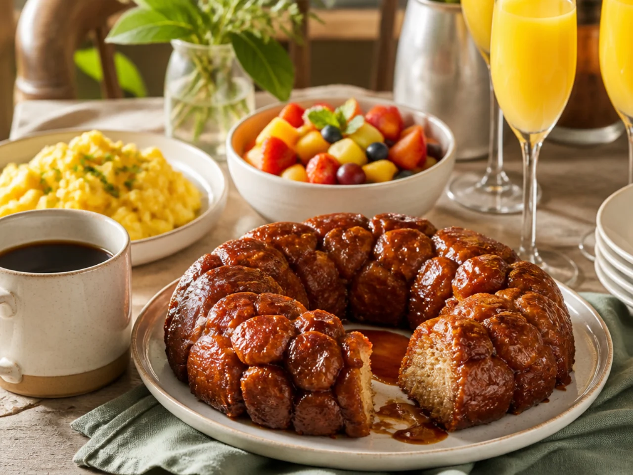 monkey bread served with fresh coffee, scrambled eggs, fruit salad and mimosas