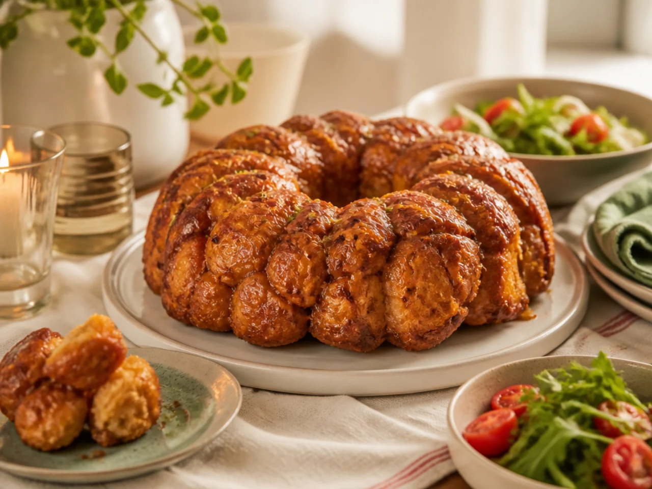 monkey bread served family-style on a cozy table