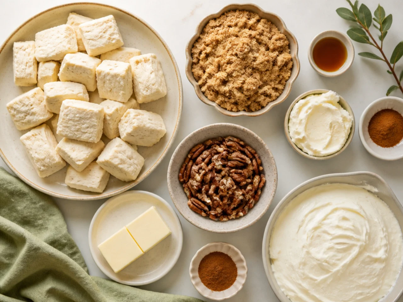Fresh ingredients for monkey bread arranged in bowls