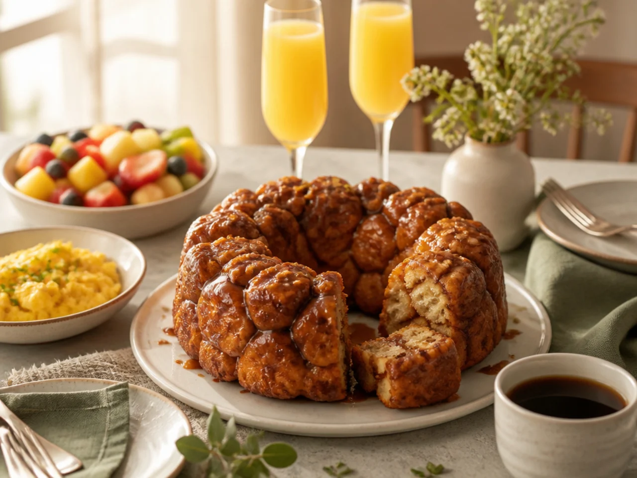 monkey bread served with fresh coffee, scrambled eggs, fruit salad and mimosas