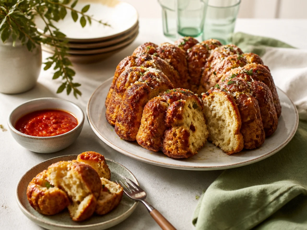 monkey bread served family-style on a cozy table