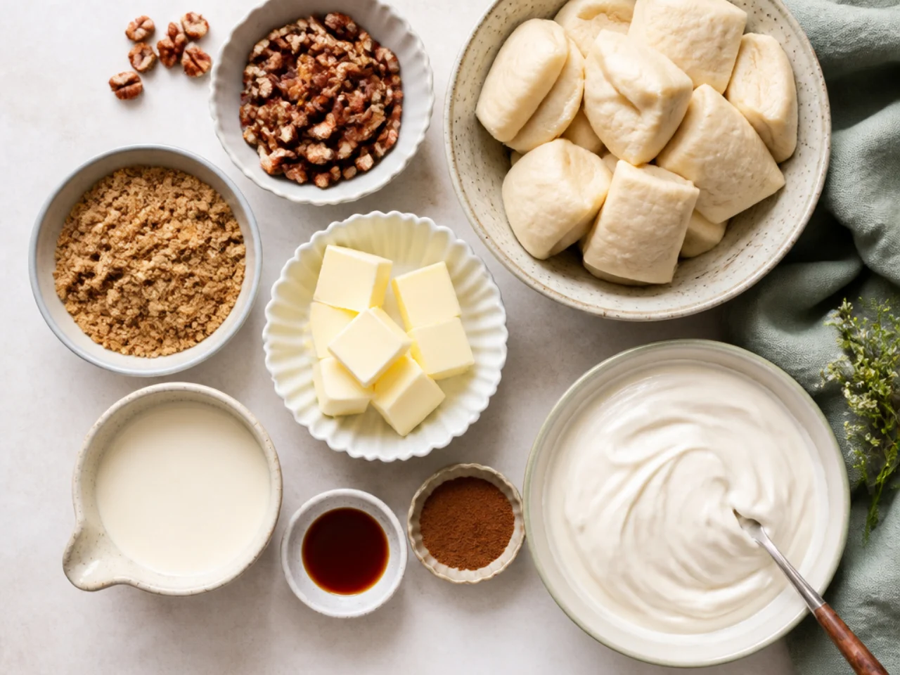 Fresh ingredients for monkey bread arranged in bowls