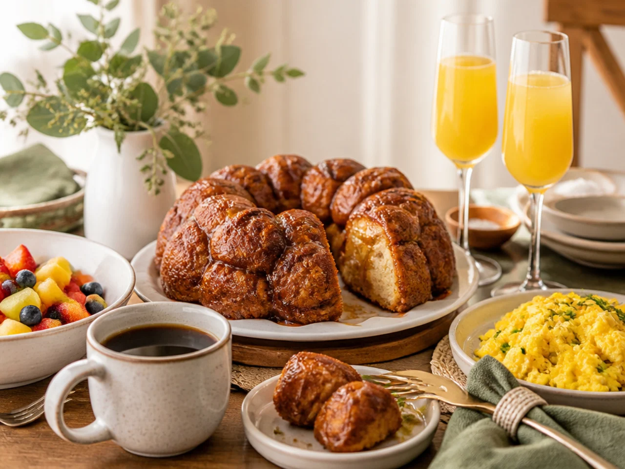 monkey bread served with fresh coffee, scrambled eggs, fruit salad and mimosas