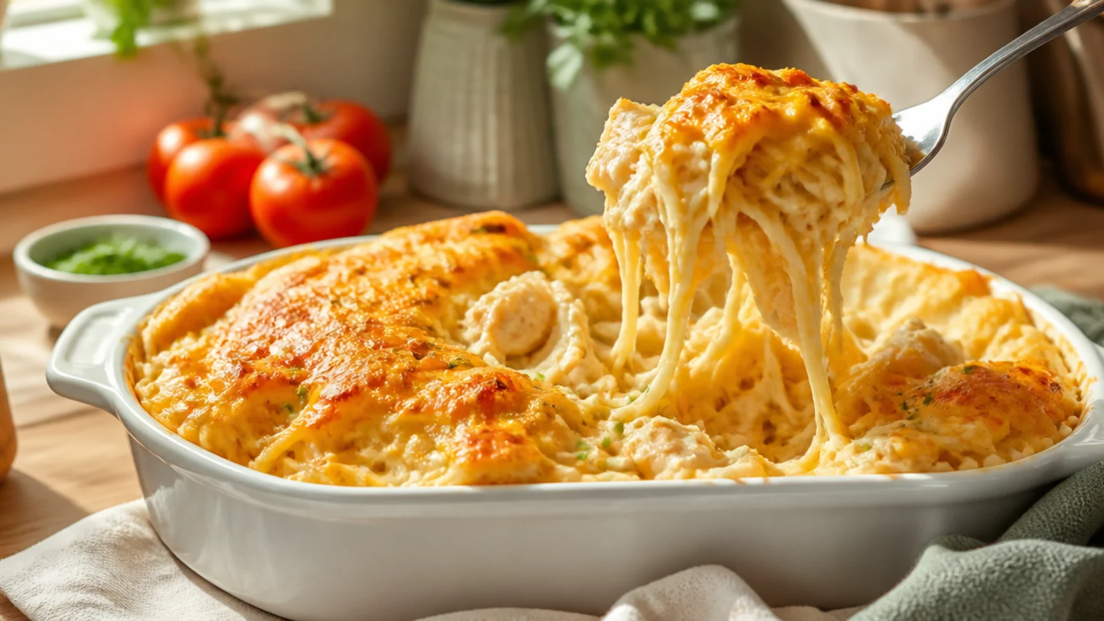 Monterey Chicken Spaghetti Bakes to Love — chicken spaghetti plated and ready to serve