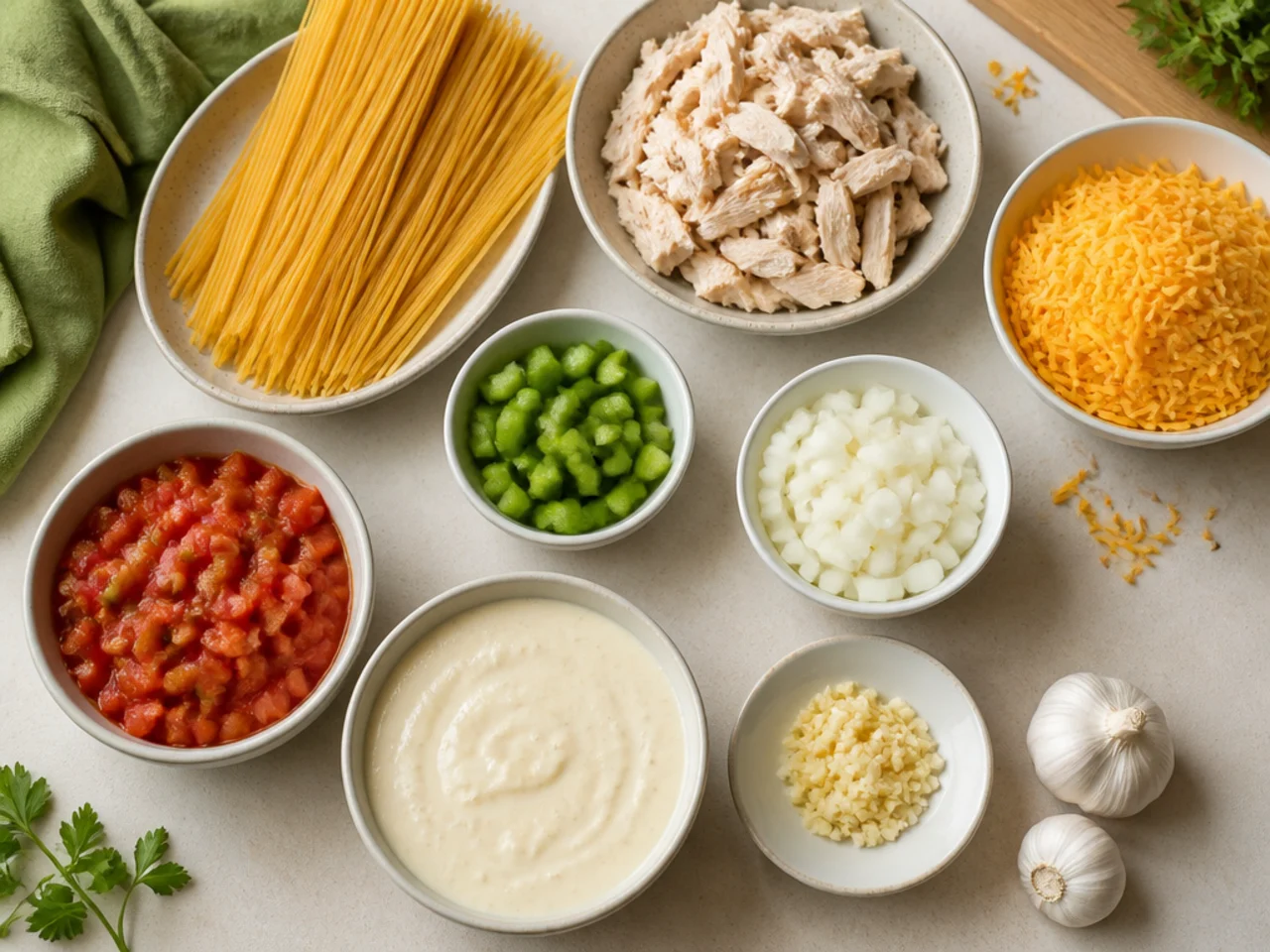 Fresh ingredients for chicken spaghetti arranged in bowls