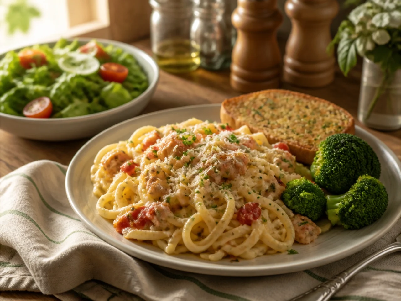 chicken spaghetti served with warm garlic bread, a green salad and steamed broccoli