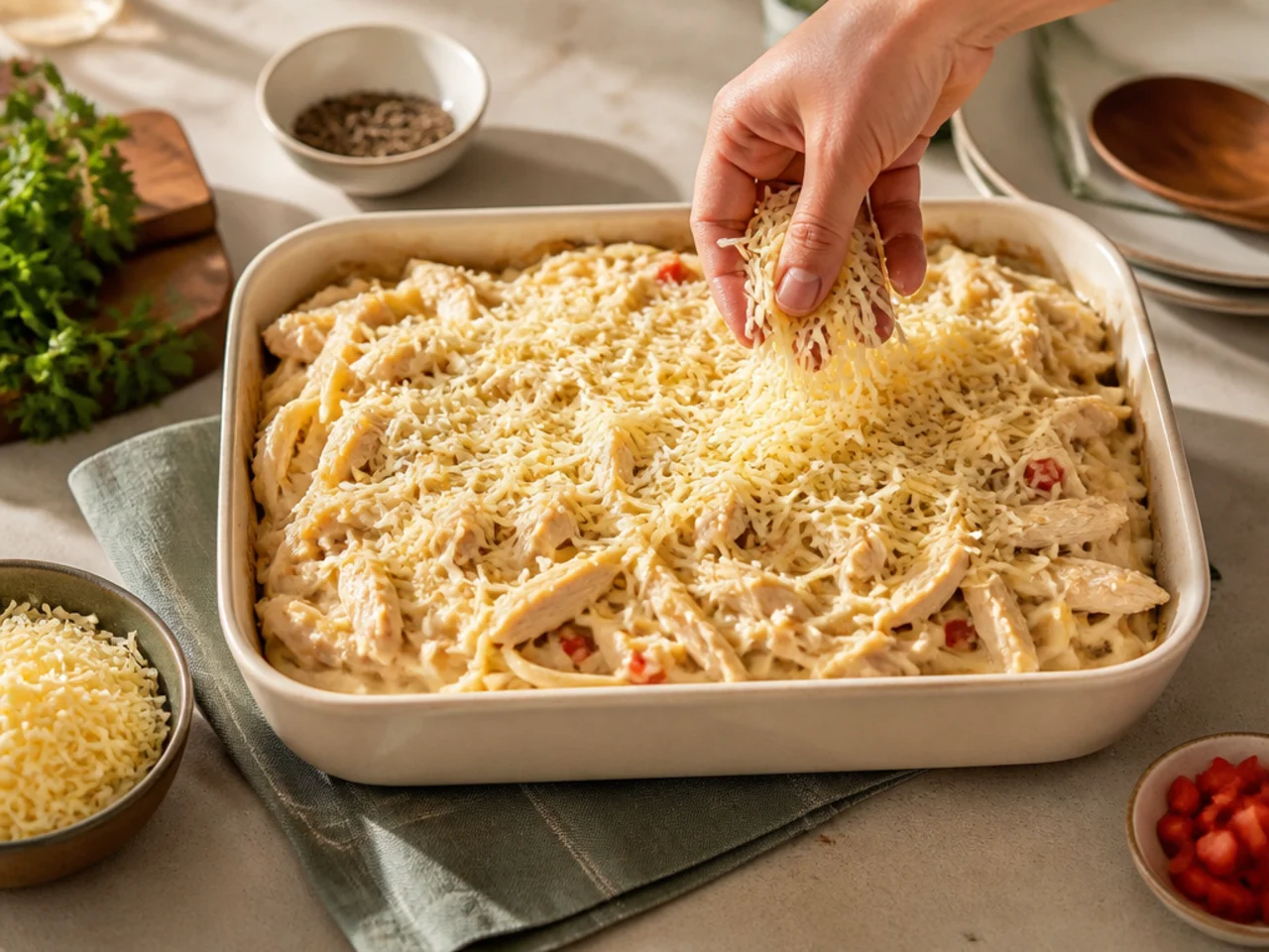 Step-by-step process shot for chicken spaghetti