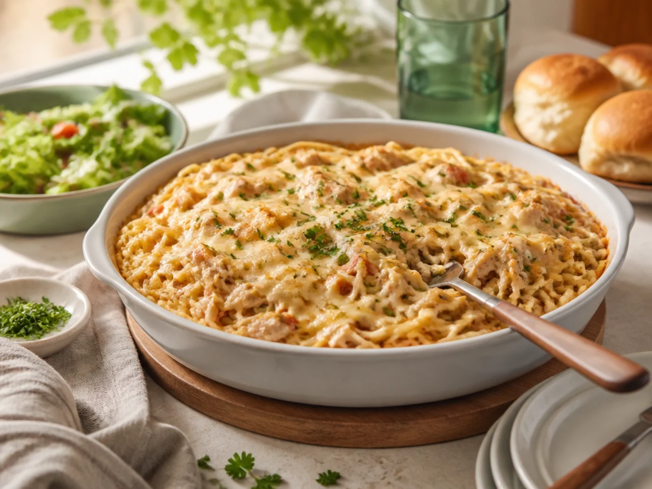 chicken spaghetti served family-style on a cozy table