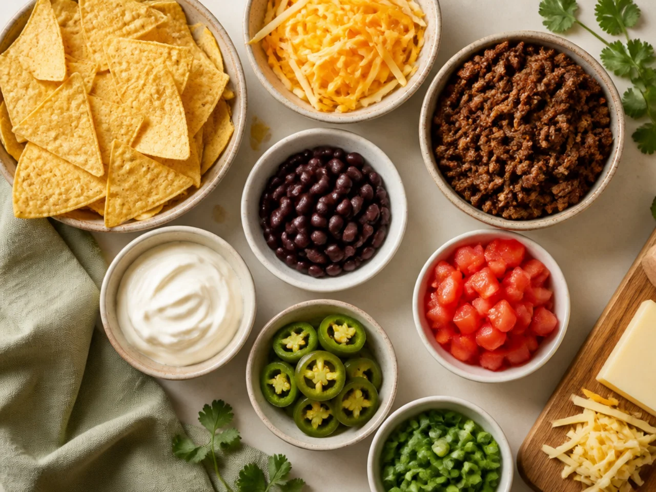 Fresh ingredients for nachos arranged in bowls