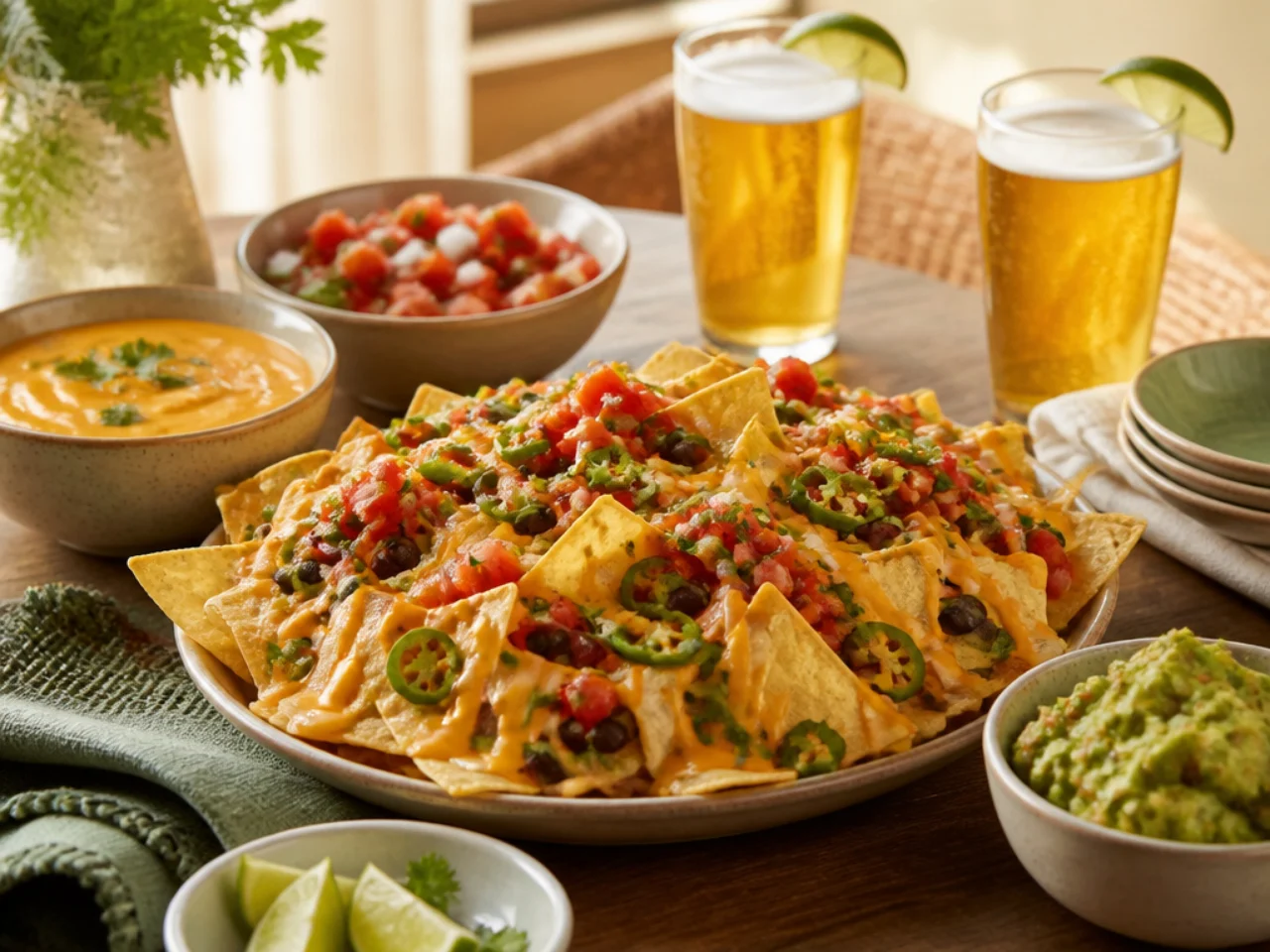 nachos served with fresh salsa, warm queso, guacamole and ice-cold drinks