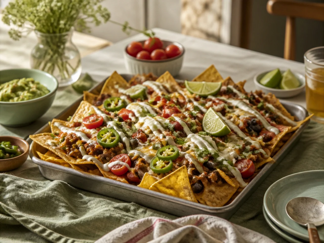 nachos served family-style on a cozy table
