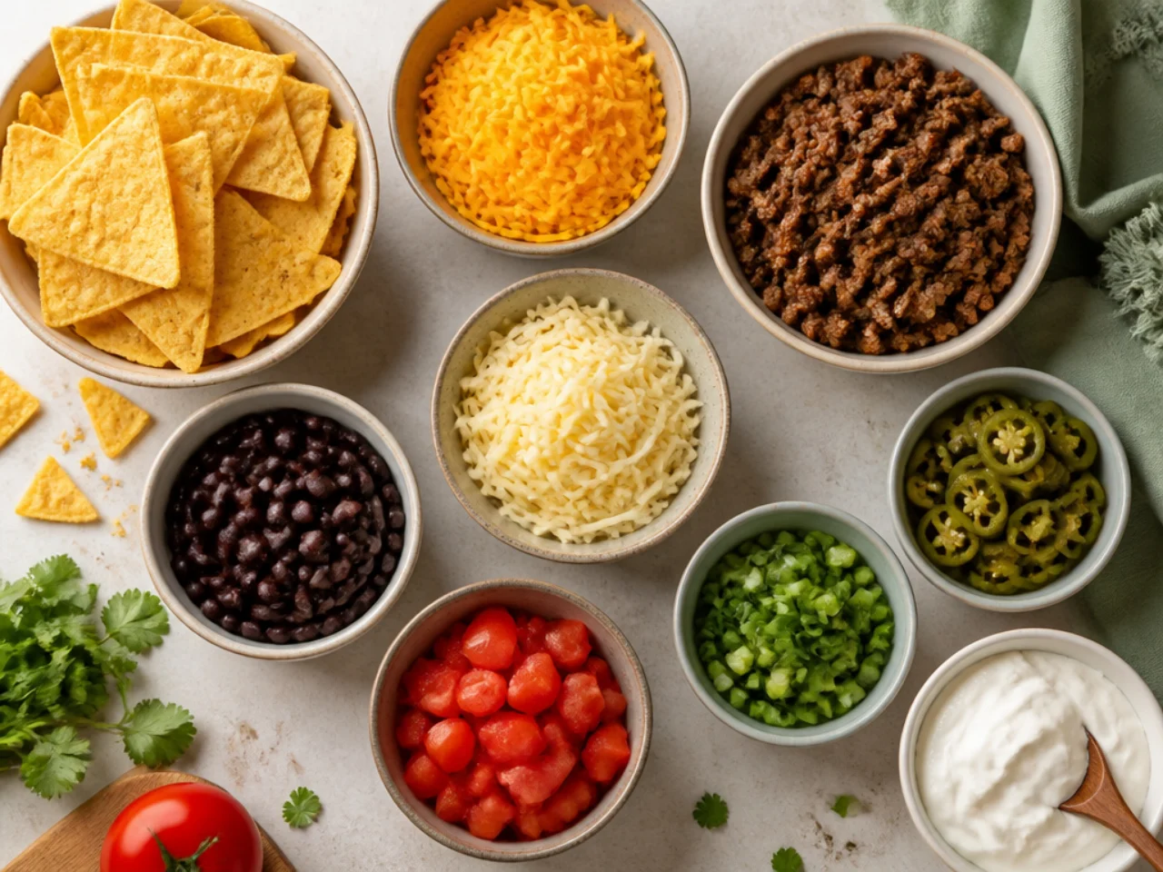 Fresh ingredients for nachos arranged in bowls