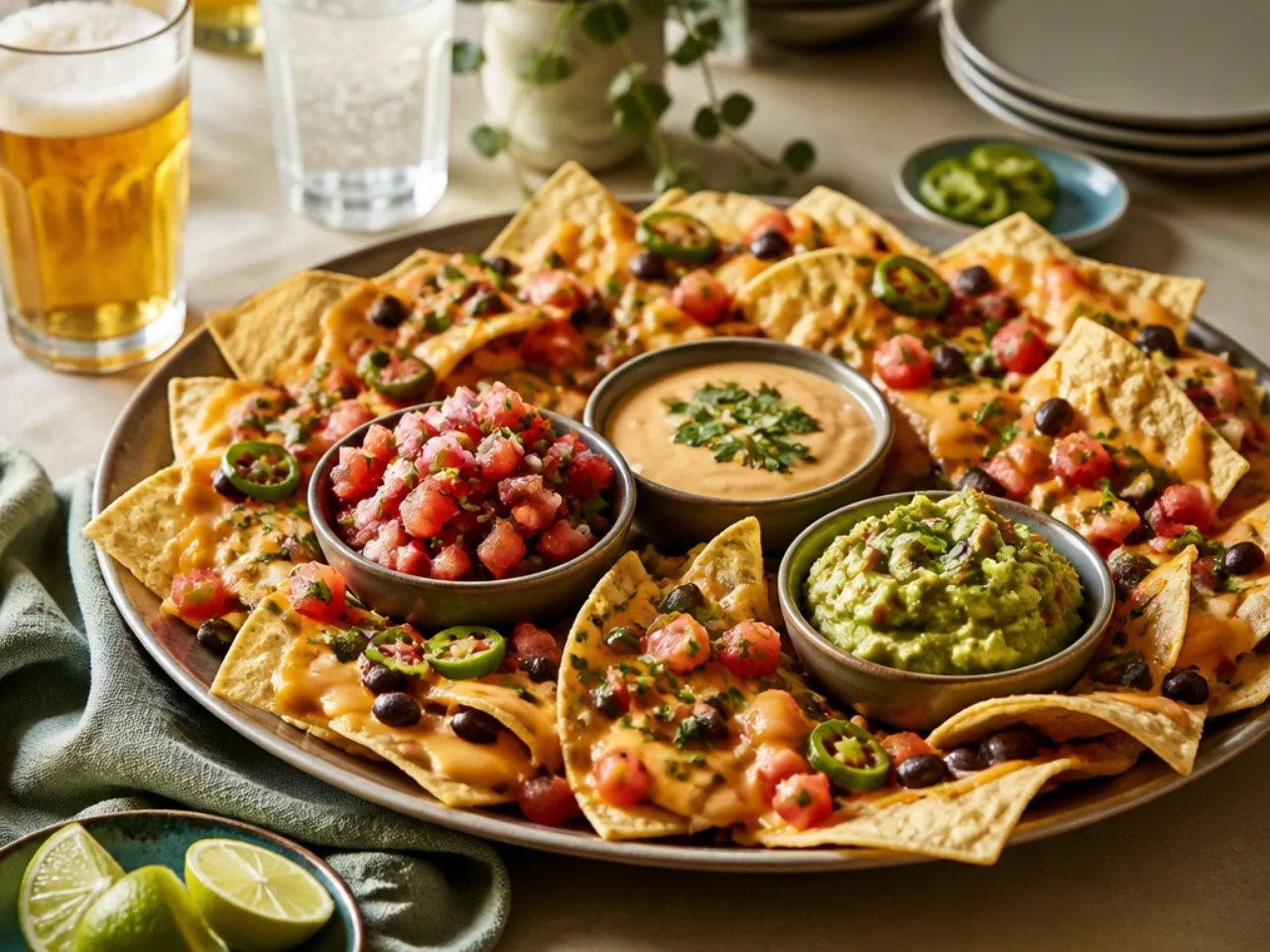 nachos served with fresh salsa, warm queso, guacamole and ice-cold drinks