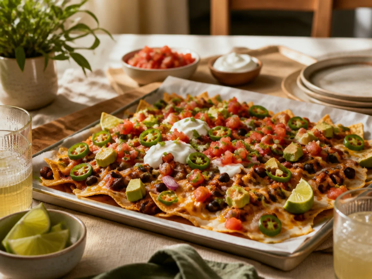 nachos served family-style on a cozy table