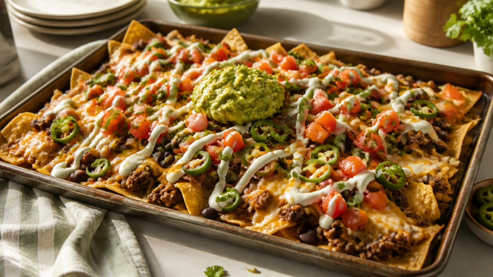 Beef Nachos Recipes Piled Sky High — nachos plated and ready to serve