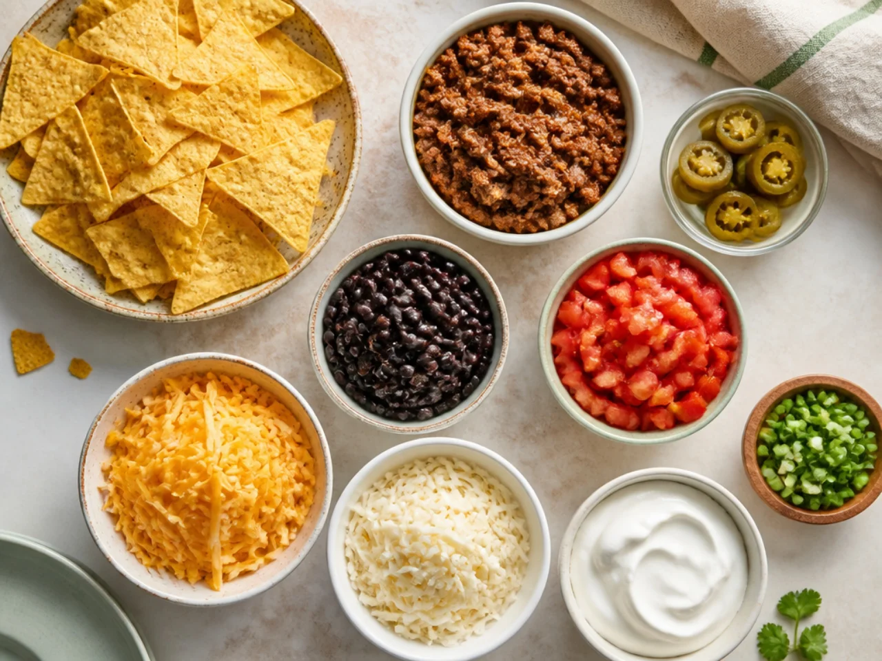 Fresh ingredients for nachos arranged in bowls