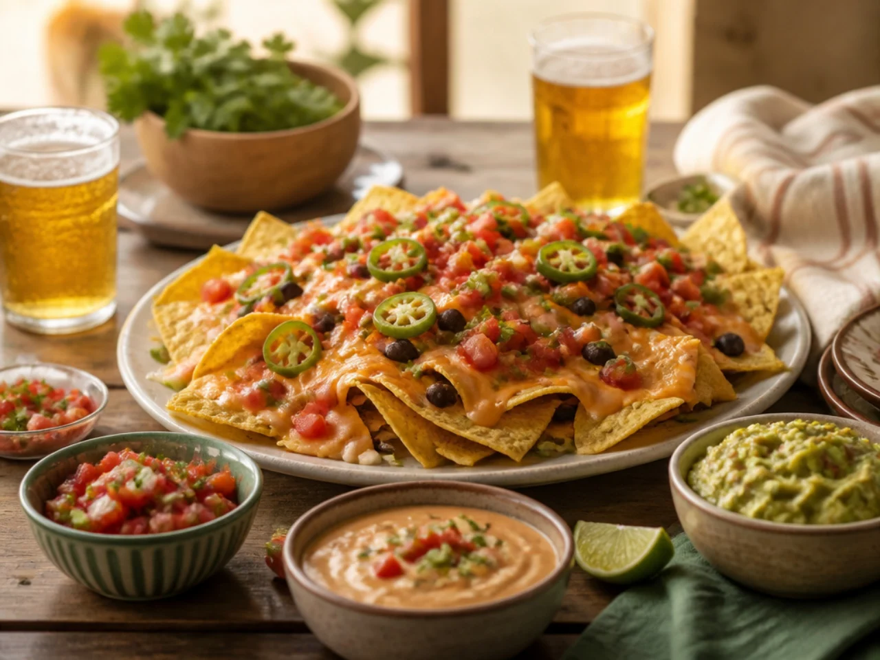 nachos served with fresh salsa, warm queso, guacamole and ice-cold drinks
