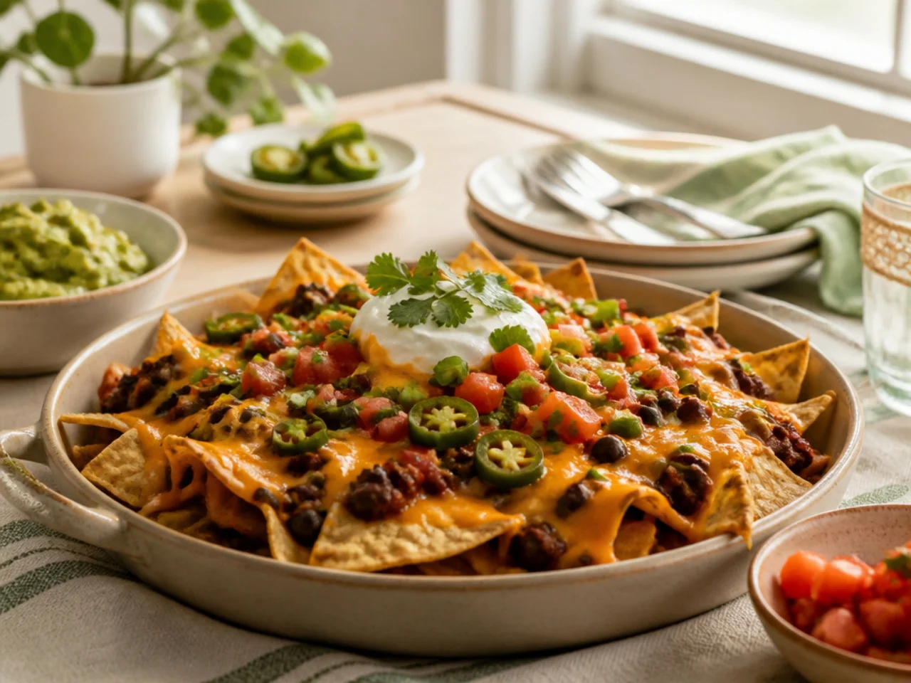 nachos served family-style on a cozy table