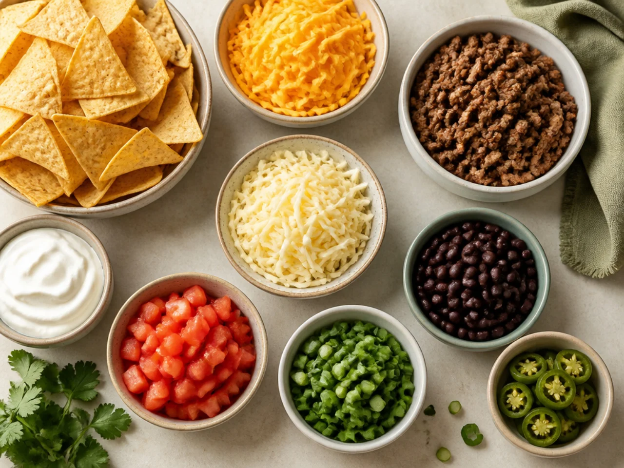 Fresh ingredients for nachos arranged in bowls
