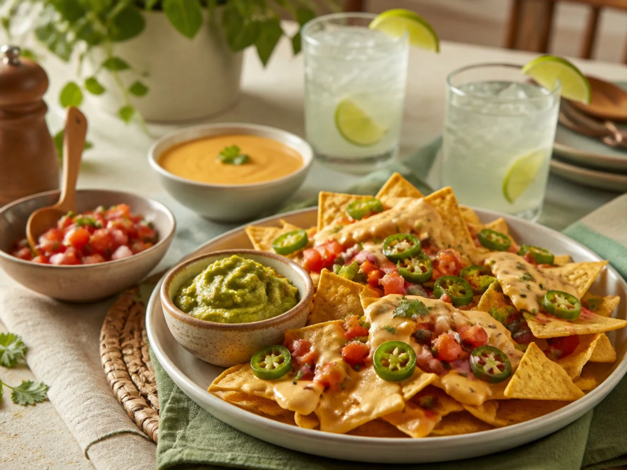nachos served with fresh salsa, warm queso, guacamole and ice-cold drinks
