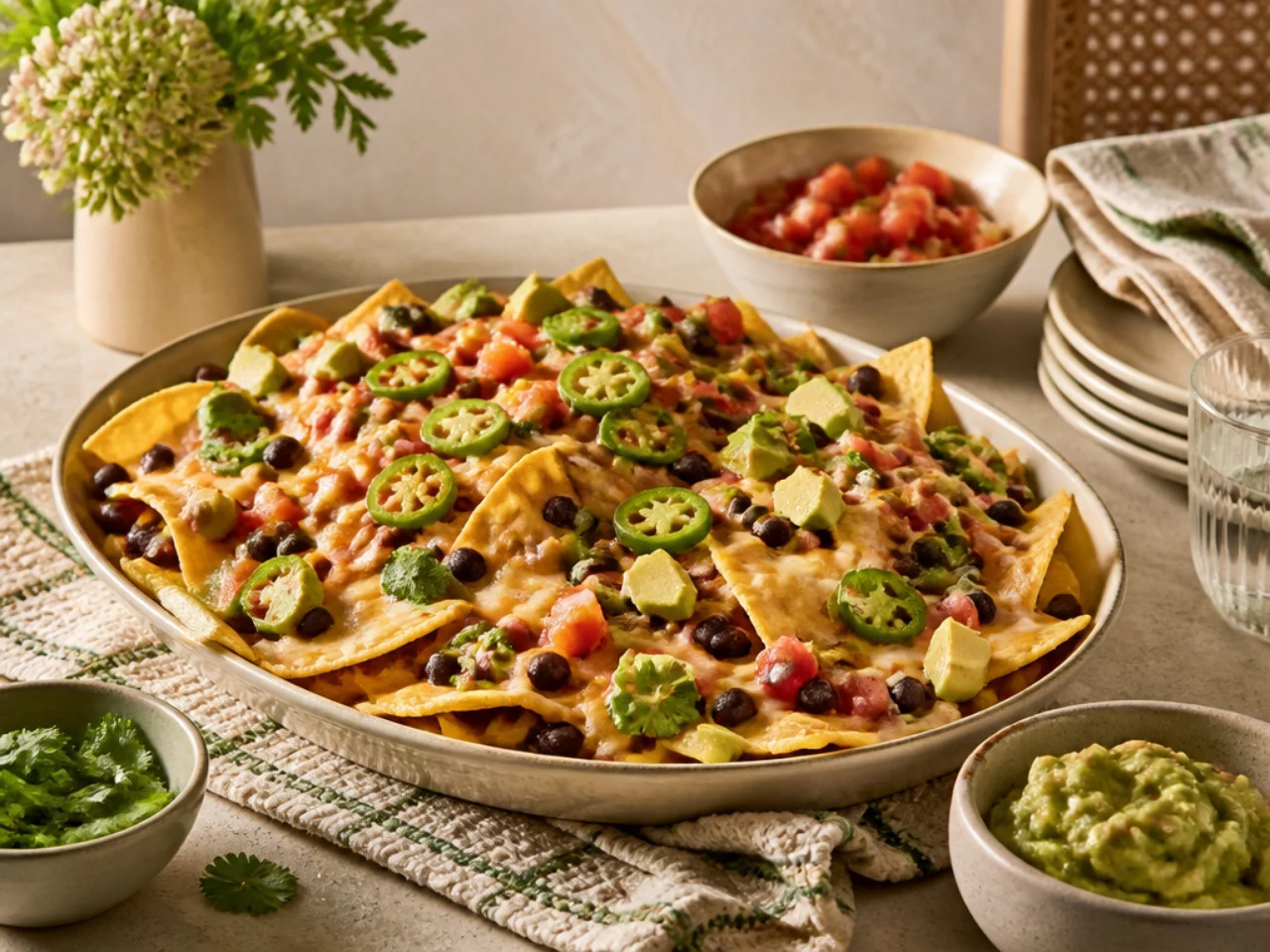nachos served family-style on a cozy table