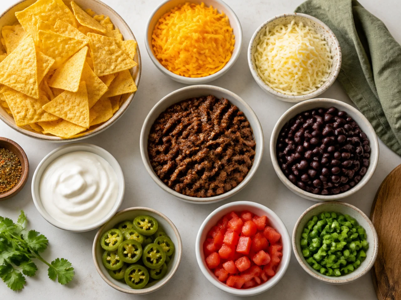 Fresh ingredients for nachos arranged in bowls