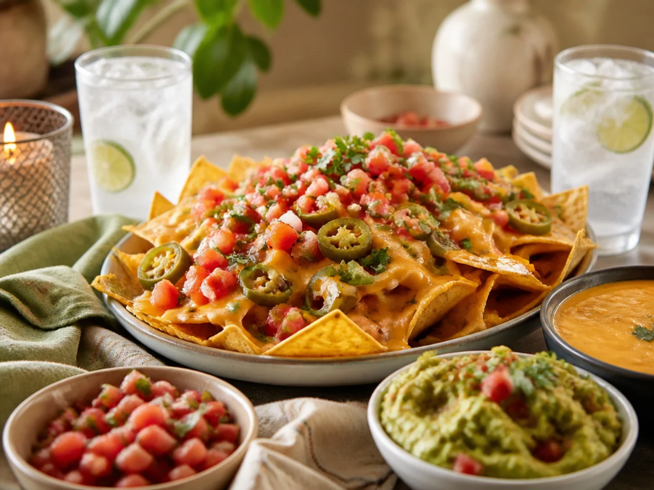 nachos served with fresh salsa, warm queso, guacamole and ice-cold drinks
