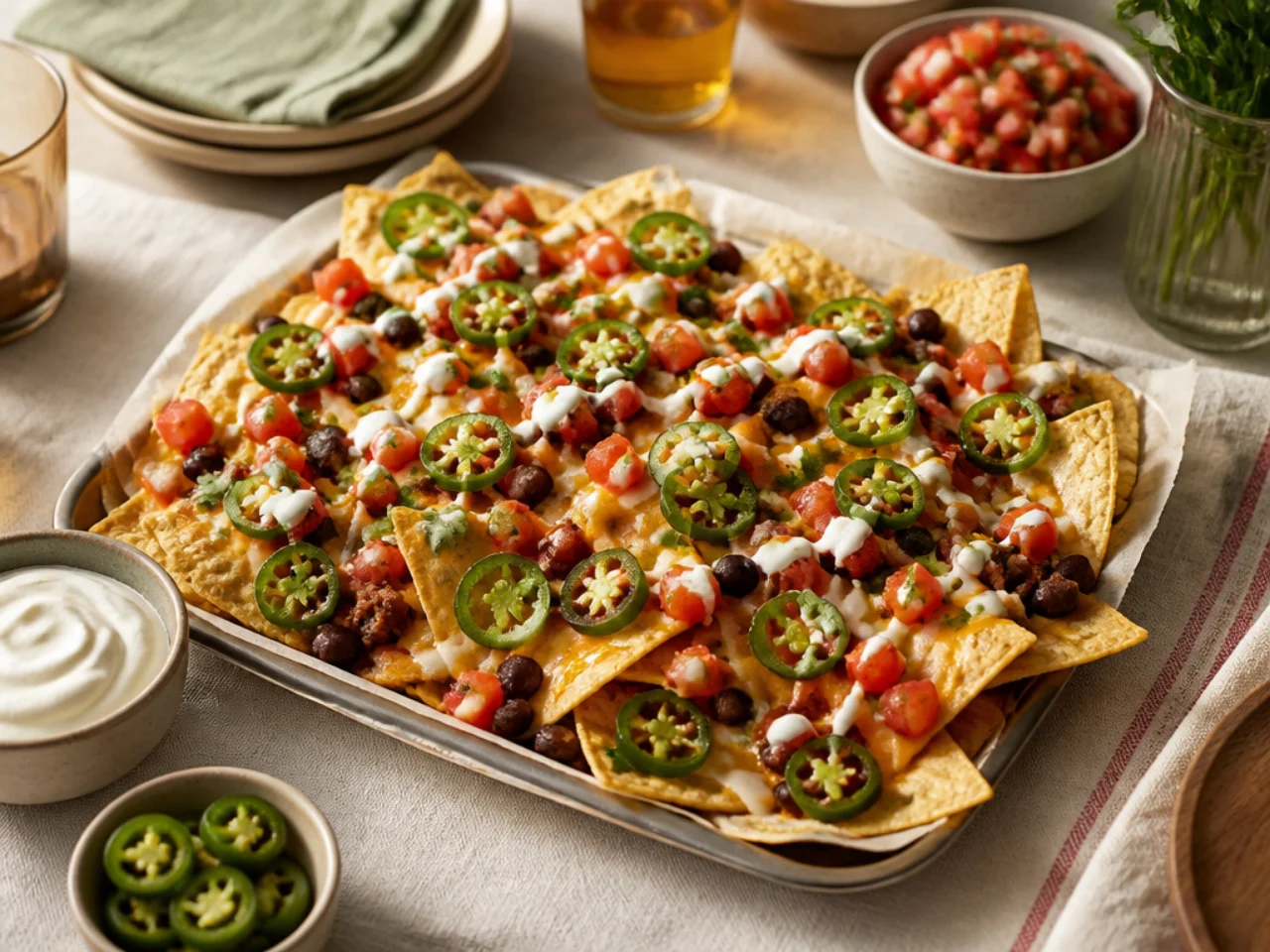 nachos served family-style on a cozy table