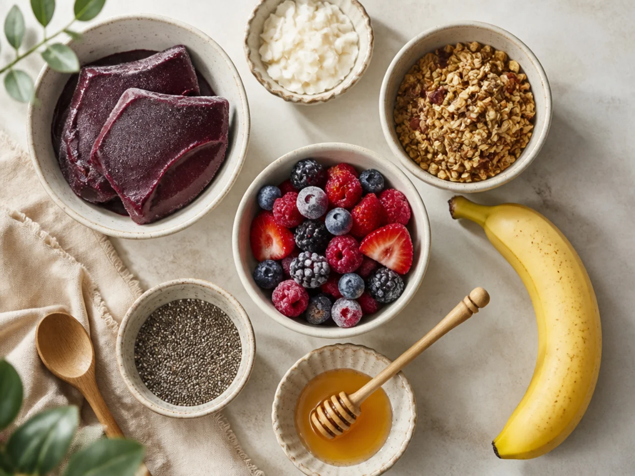 Fresh ingredients for acai bowl arranged in bowls