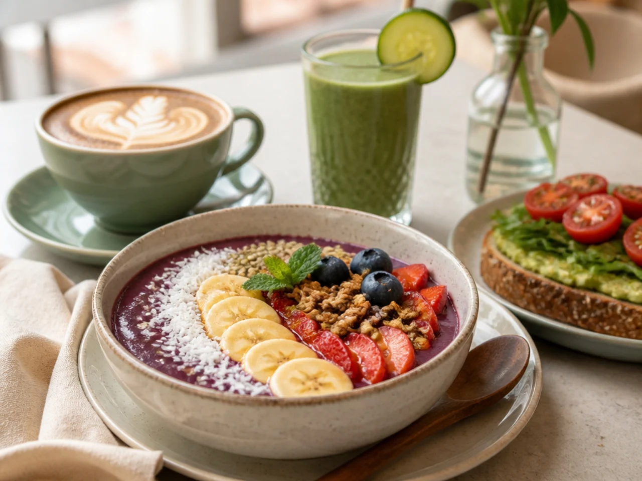 acai bowl served with fresh coffee, a green smoothie or whole-grain toast