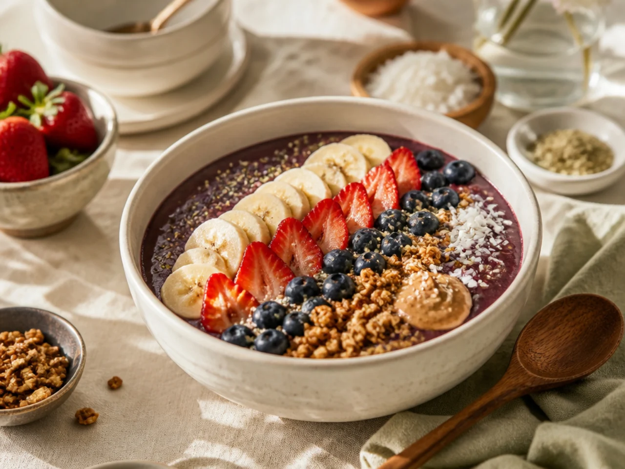 acai bowl served family-style on a cozy table