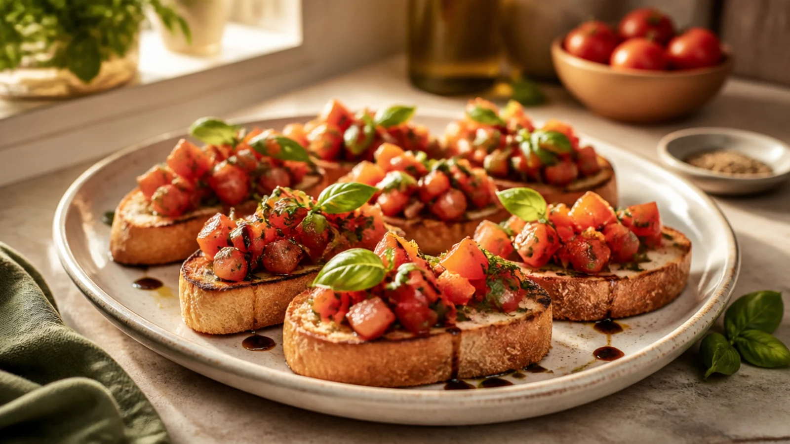Briny Olive Bruschetta Recipes to Try — bruschetta plated and ready to serve