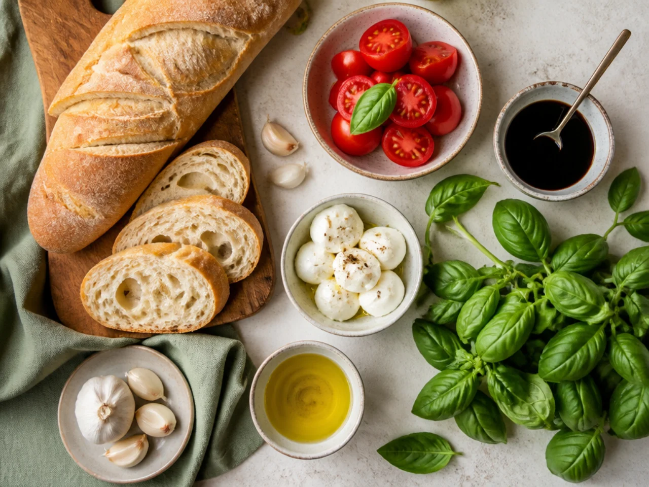Fresh ingredients for bruschetta arranged in bowls