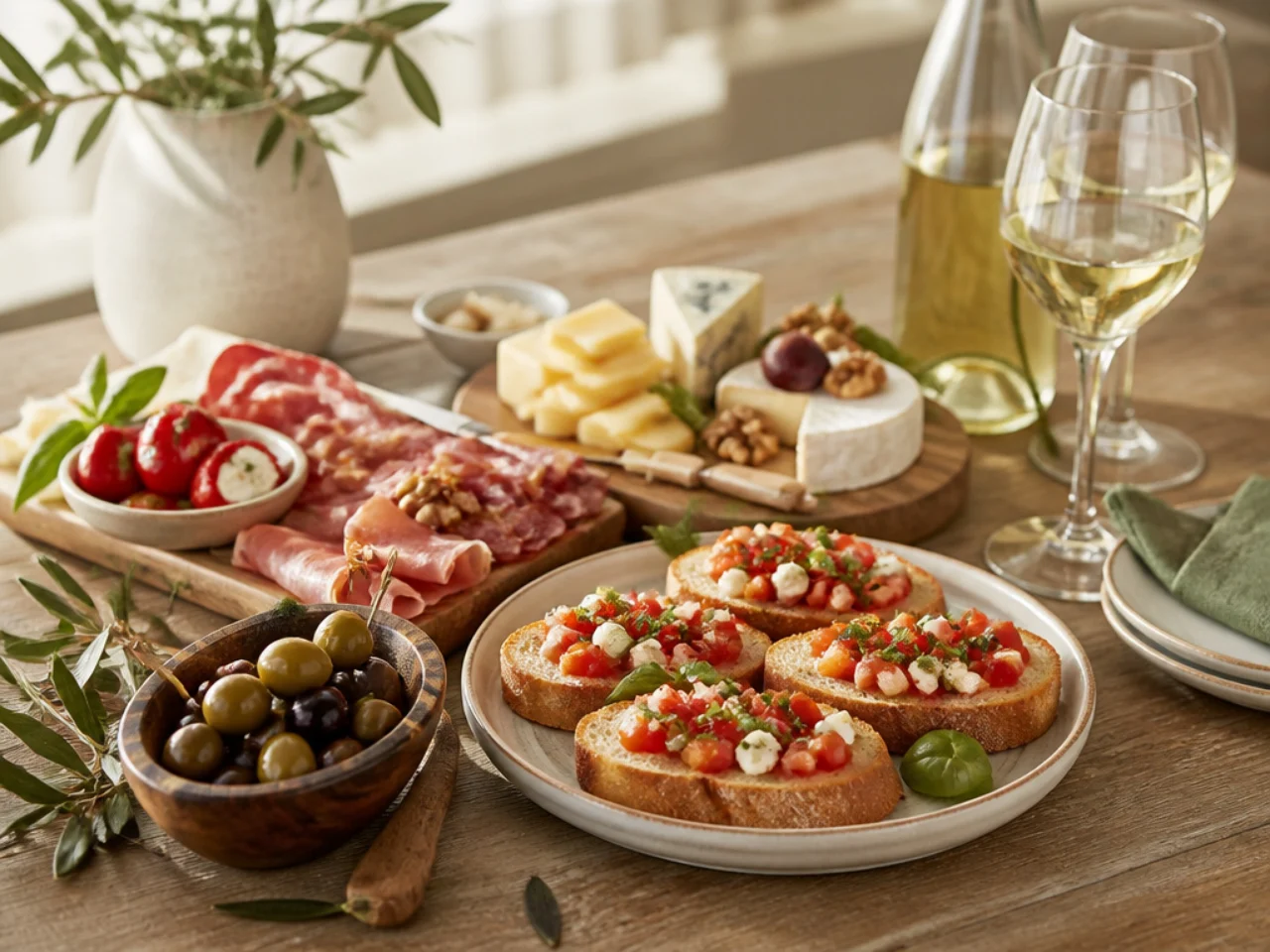 bruschetta served with a cheese board, marinated olives, antipasto and chilled white wine