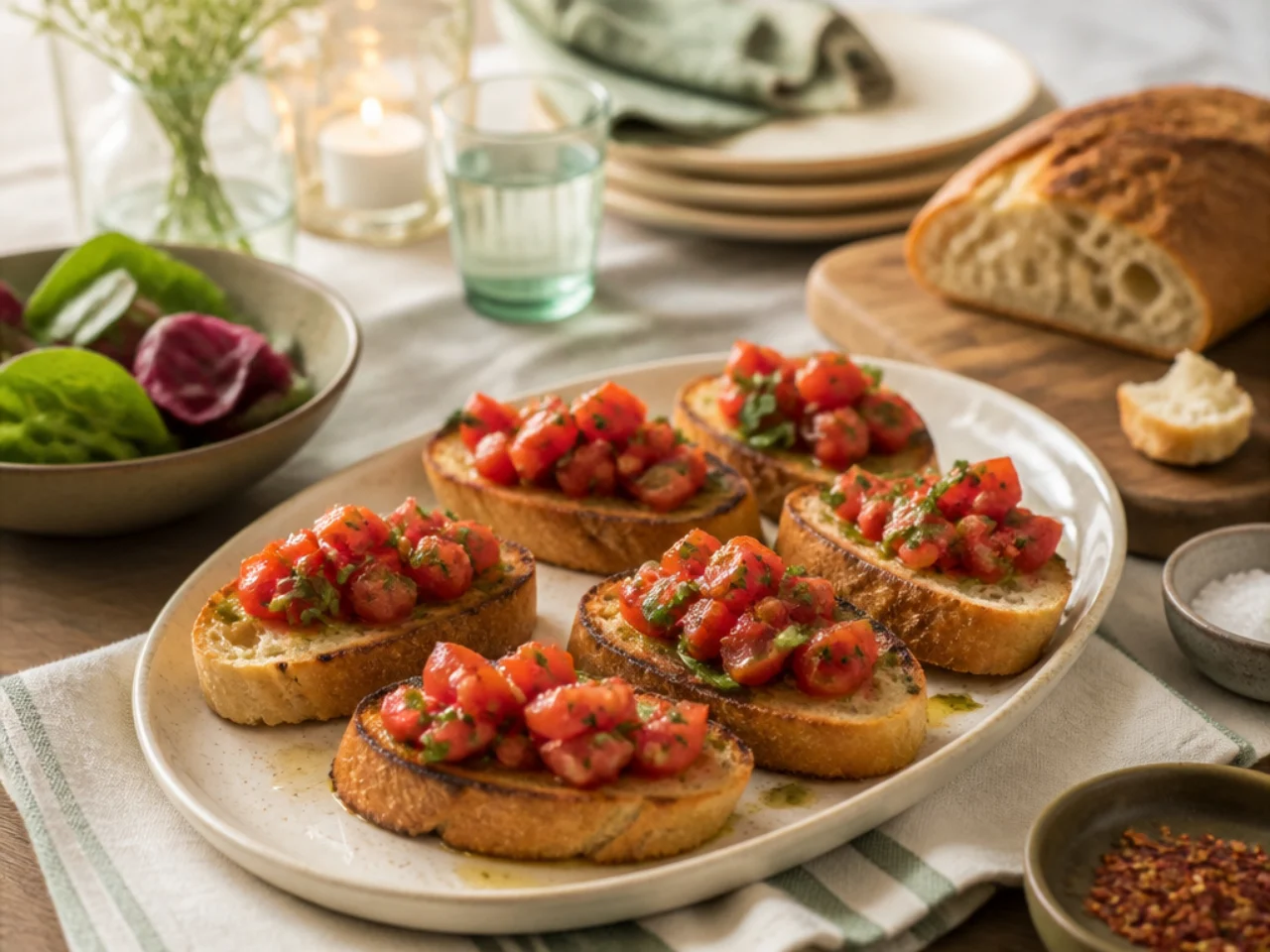 bruschetta served family-style on a cozy table