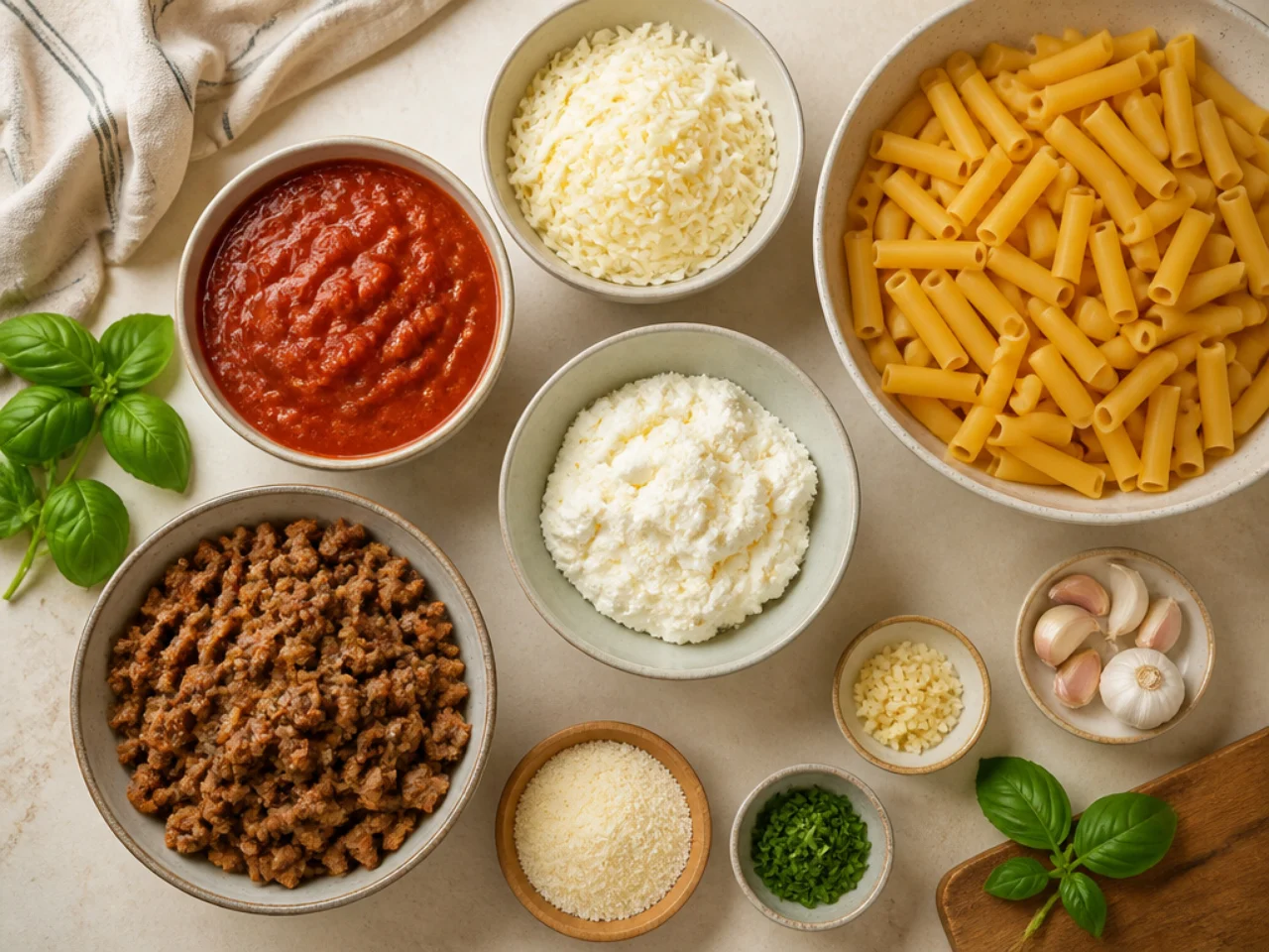Fresh ingredients for baked ziti arranged in bowls