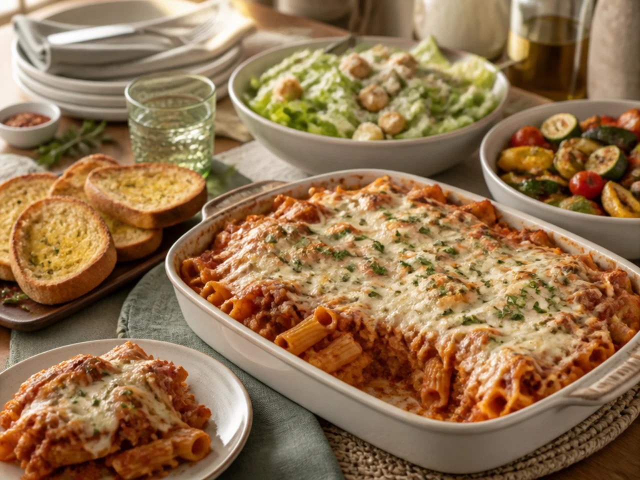 baked ziti served with warm garlic bread, a Caesar salad and roasted vegetables