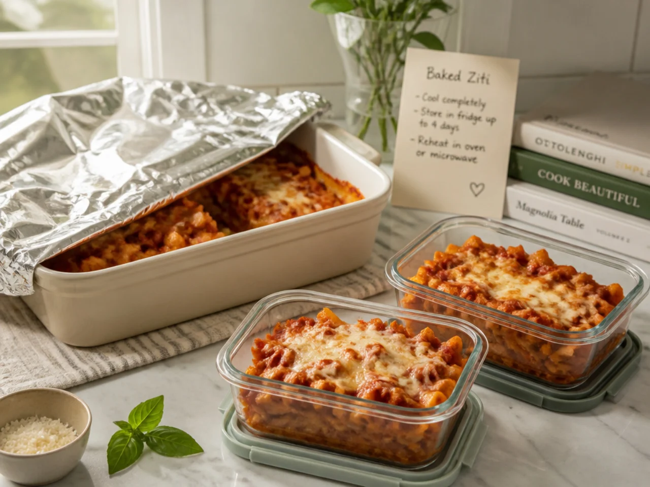 Make-ahead storage of baked ziti in containers