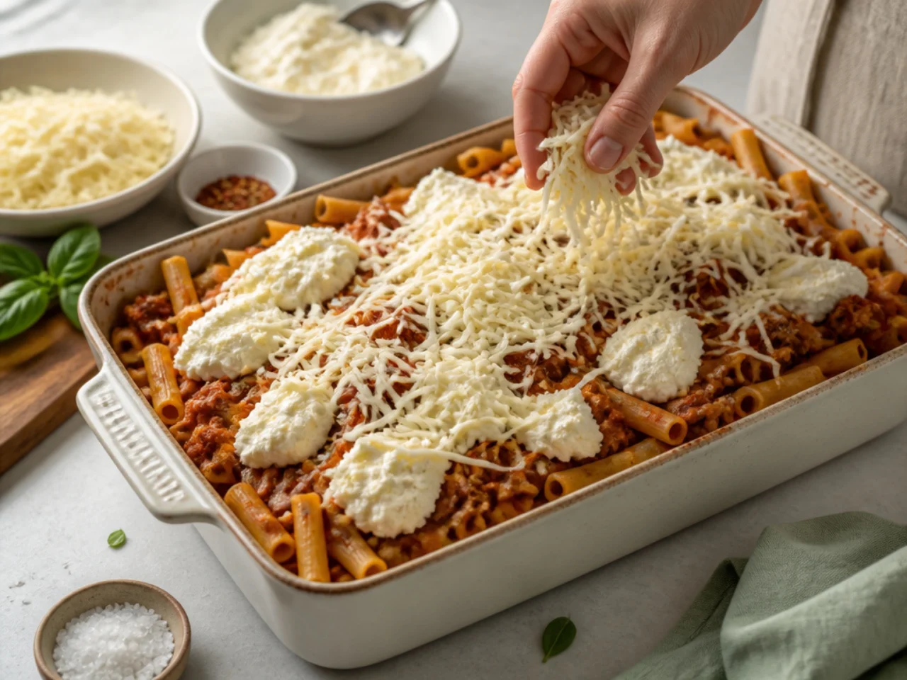 Step-by-step process shot for baked ziti