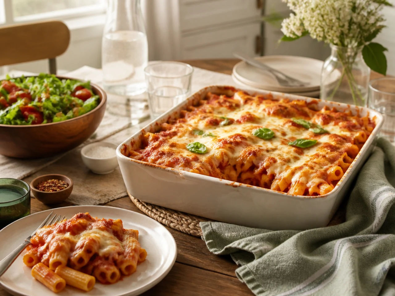 baked ziti served family-style on a cozy table