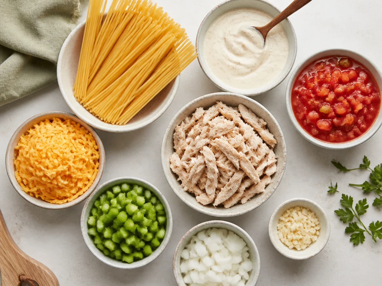 Fresh ingredients for chicken spaghetti arranged in bowls