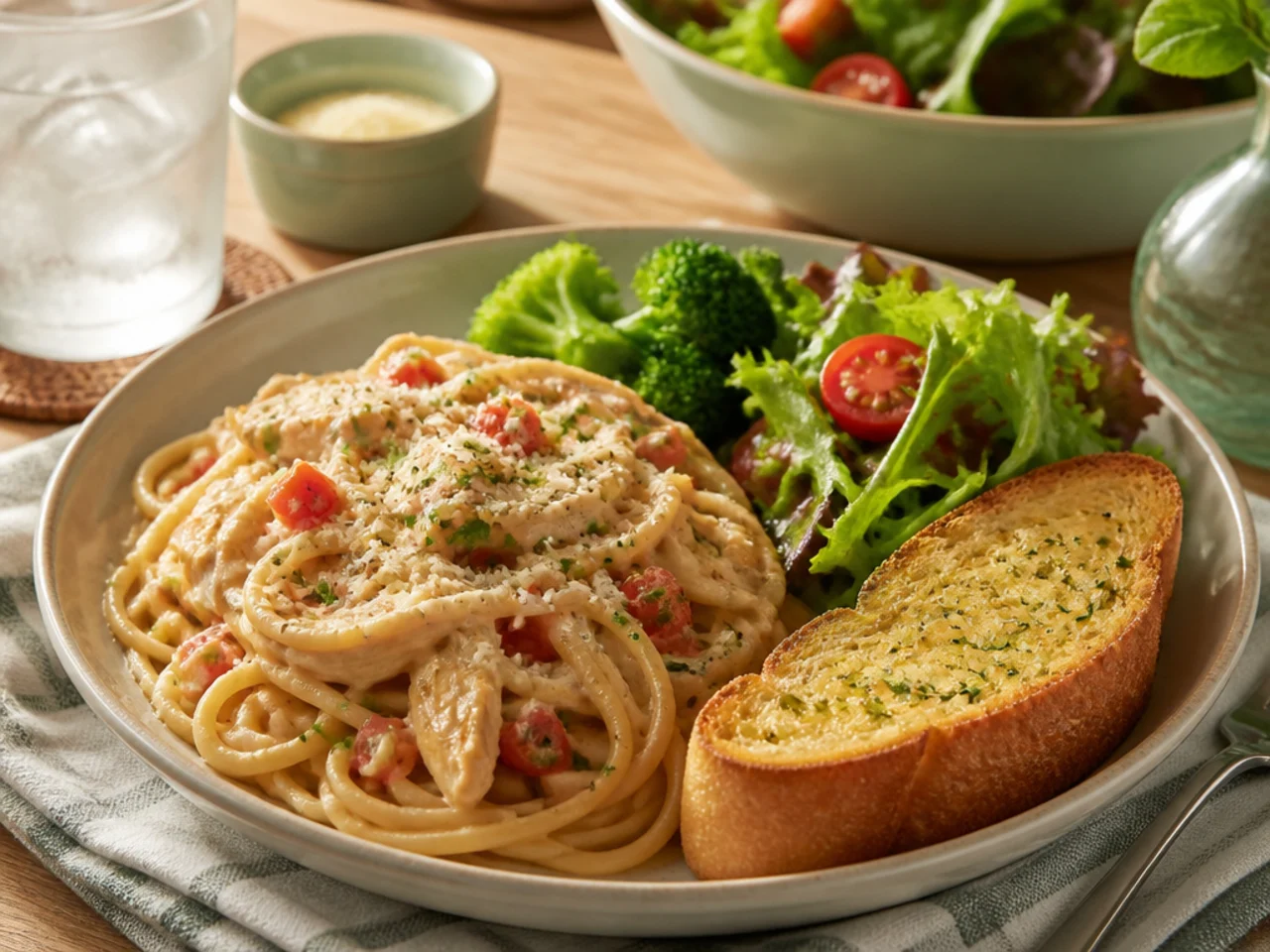 chicken spaghetti served with warm garlic bread, a green salad and steamed broccoli