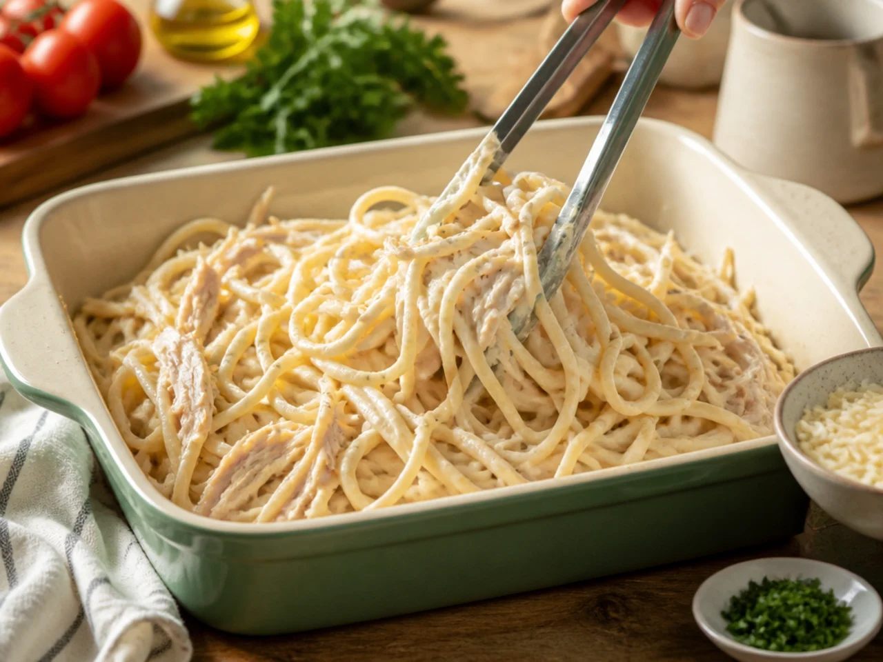 Step-by-step process shot for chicken spaghetti