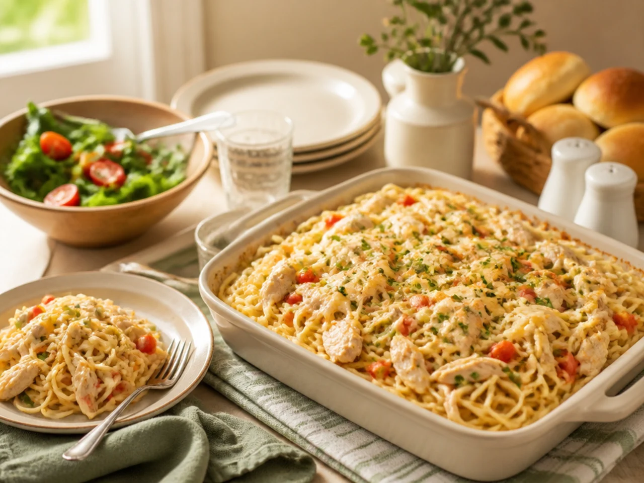 chicken spaghetti served family-style on a cozy table