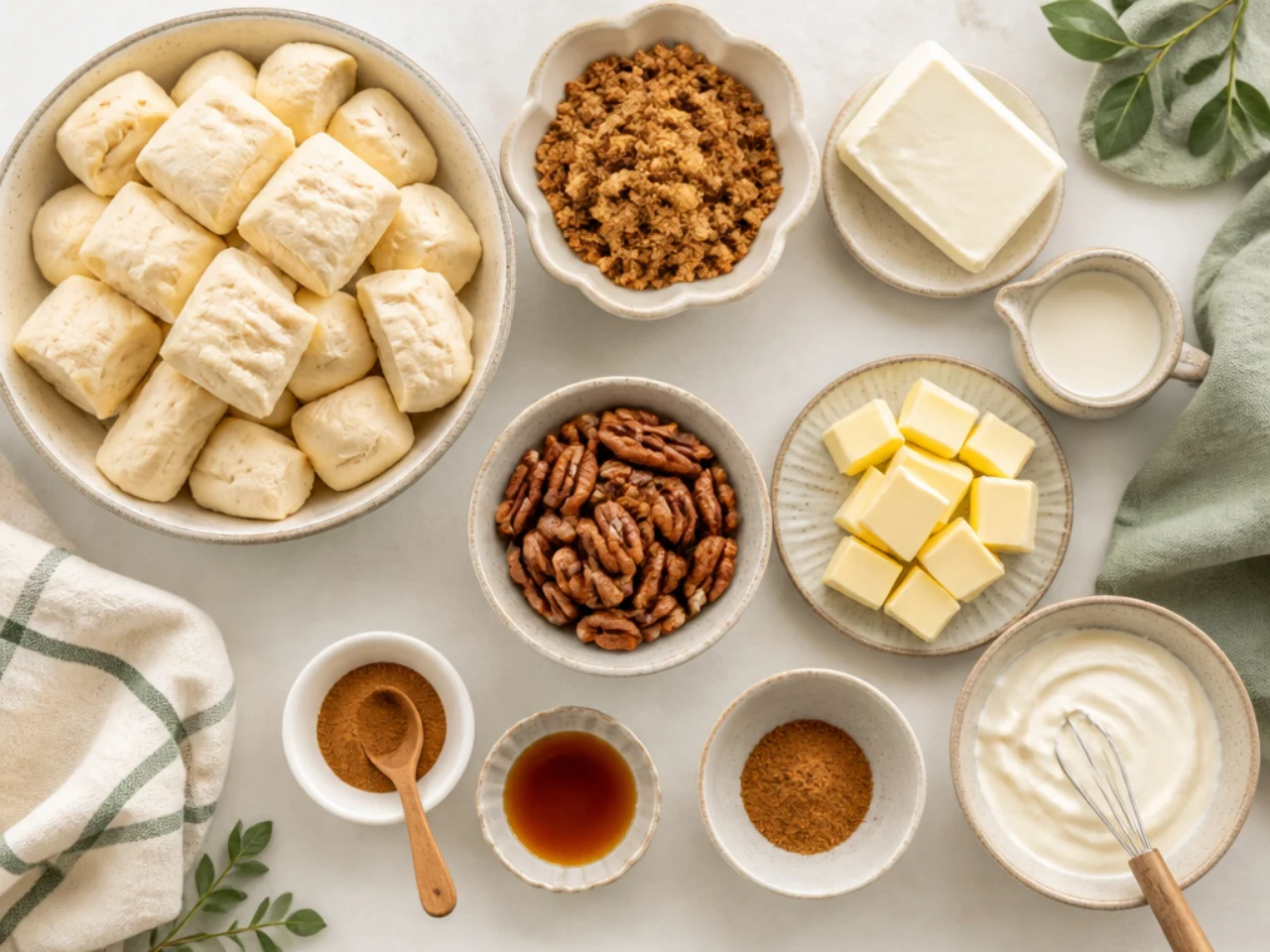 Fresh ingredients for monkey bread arranged in bowls
