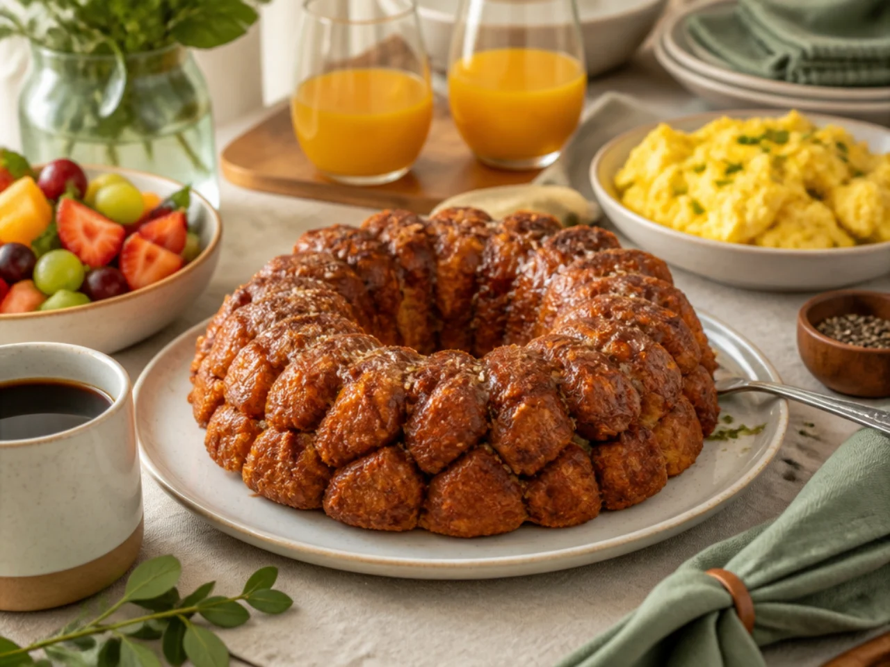 monkey bread served with fresh coffee, scrambled eggs, fruit salad and mimosas