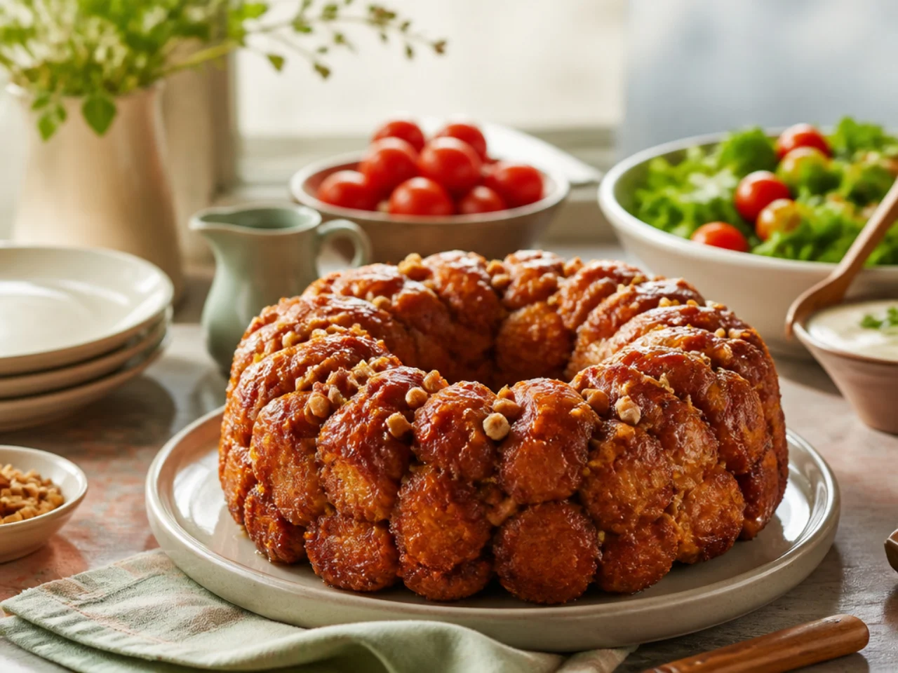 monkey bread served family-style on a cozy table