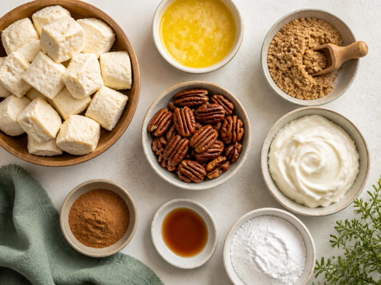 Fresh ingredients for monkey bread arranged in bowls