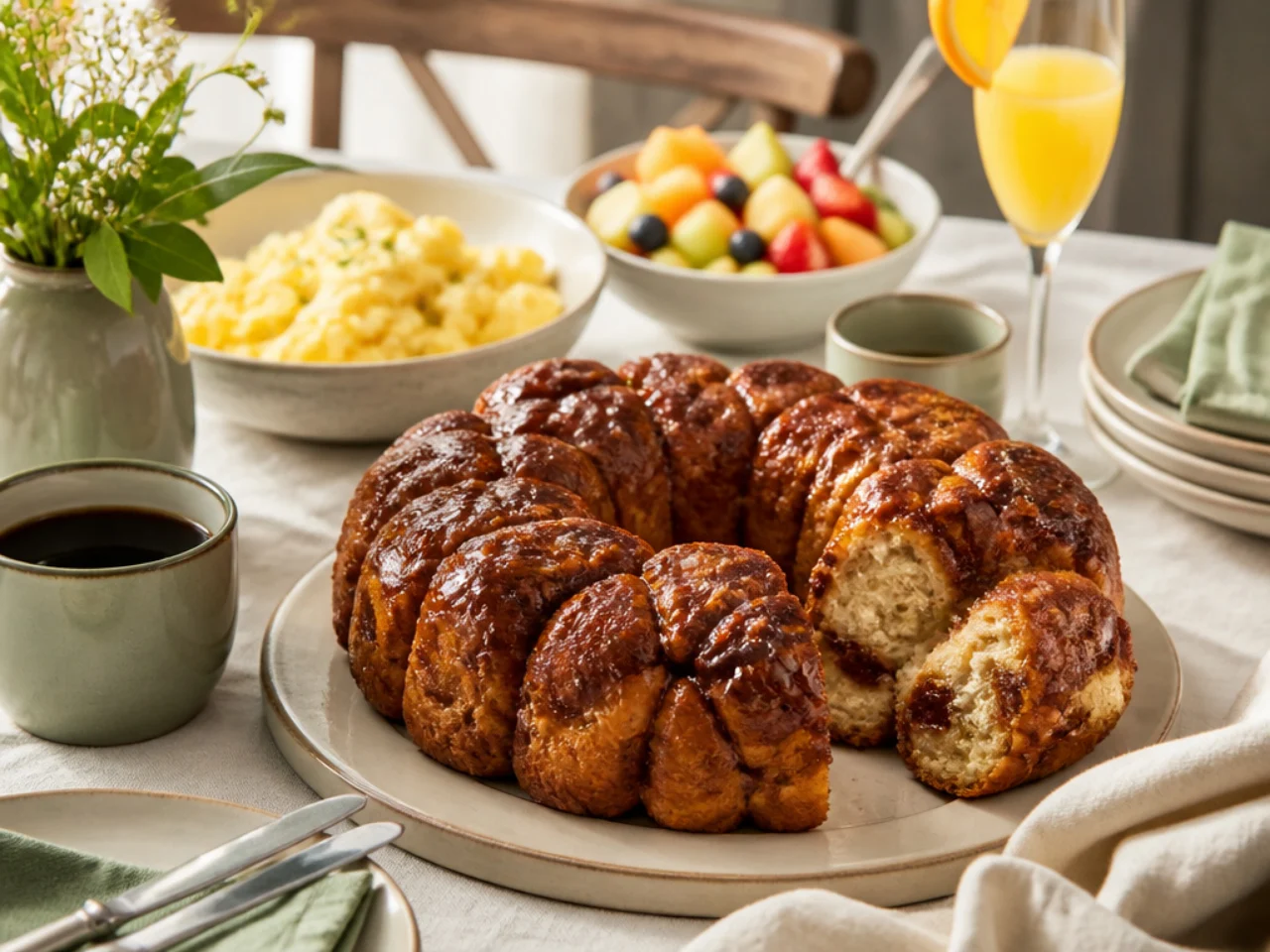 monkey bread served with fresh coffee, scrambled eggs, fruit salad and mimosas